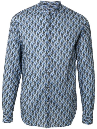 Blue Giorgio Armani Abstract Print Band Collar Men's Shirts | UAE67024