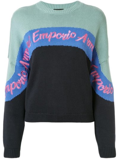 Blue / Green Armani Emporio Colour Block Knit Logo Embroidered Women's Jumpers | UAE48898