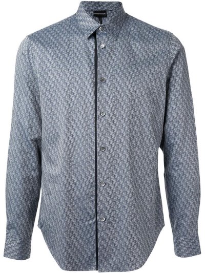 Blue / Grey Armani Emporio Long Sleeve All Over Print Men's Shirts | UAE37966