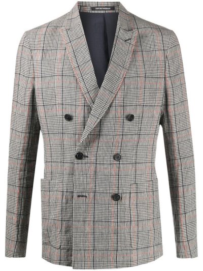 Blue / Neutral Armani Emporio Plaid Double Breasted Suit Men's Jackets | UAE48290