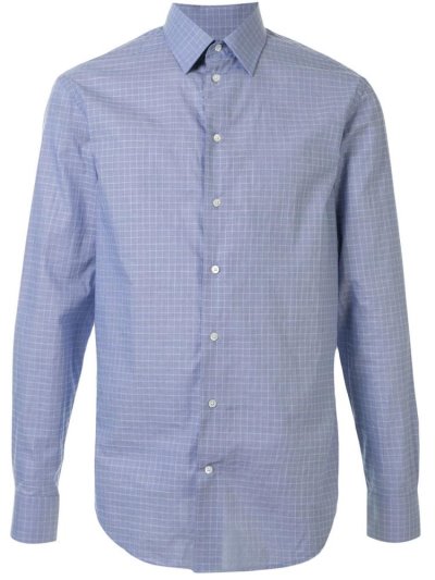 Blue / White Armani Emporio Check Print Curved Hem Men's Shirts | UAE26464