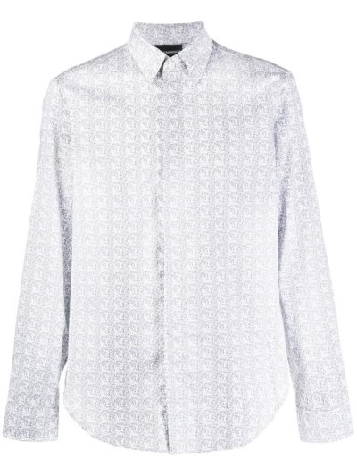 Blue / White Armani Emporio Geometric Print Slim Fit Men's Shirts | UAE60786