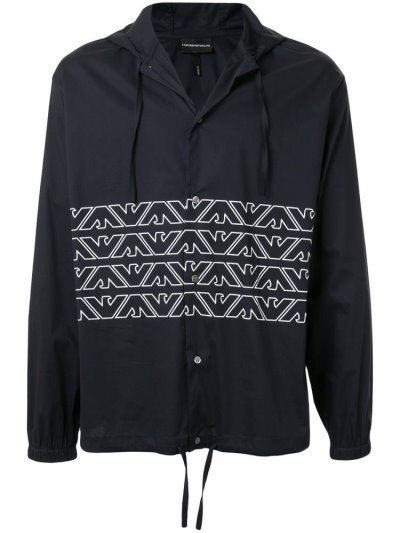 Blue / White Armani Emporio Hooded Monogram Pattern Men's Shirts | UAE95537