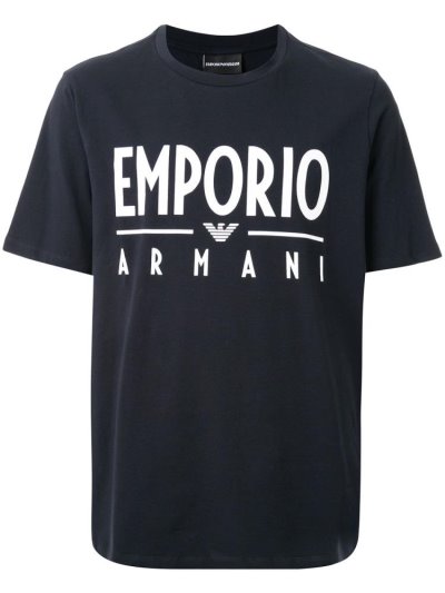 Blue / White Armani Emporio Logo Print Men's T Shirts | UAE53552
