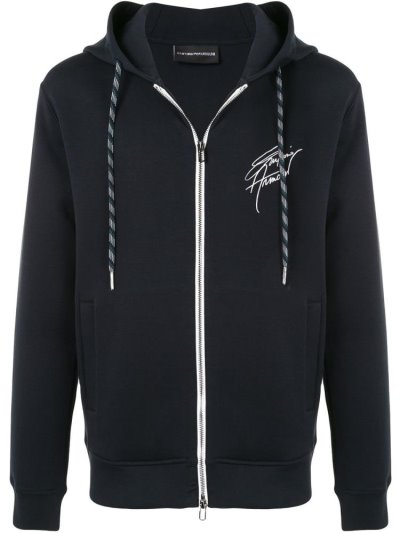 Blue / White Armani Emporio Signature Logo Men's Hoodie | UAE70134