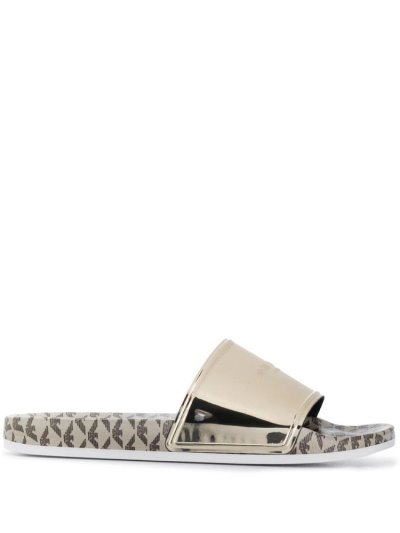 Gold Armani Emporio Logo Print Metallic Women's Slides | UAE73576