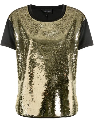 Gold Armani Emporio Sequin Embellished Front Women's T Shirts | UAE23198