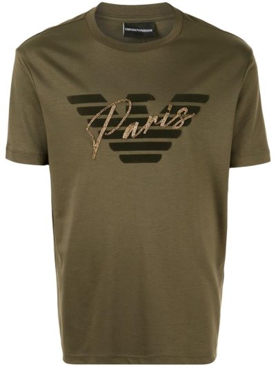 Green Armani Emporio Paris Velvet Logo Embellished Men's T Shirts | UAE94767