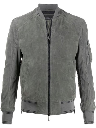Grey Armani Emporio Leather Men's Bomber Jacket | UAE41802