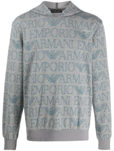 Grey Armani Emporio Logo Print Men's Hoodie | UAE74842