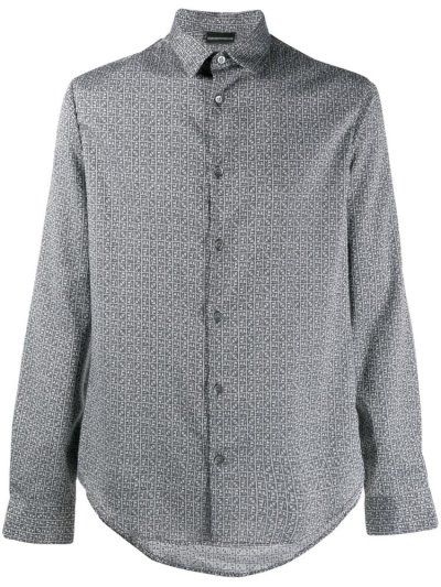 Grey Armani Emporio Monogram Print Men's Shirts | UAE65227