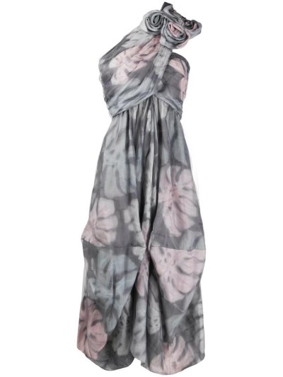 Grey / Pink Giorgio Armani Foliage Print Pleated Women's Dress | UAE95054