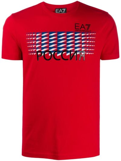 Red Ea7 Emporio Armani Russia Print Cotton Men's T Shirts | UAE37541