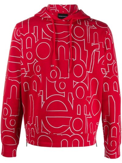 Red Armani Emporio All Over Logo Men's Hoodie | UAE57974