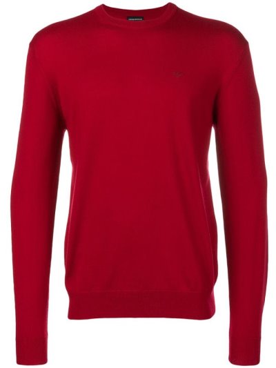 Red Armani Emporio Logo Embroidered Men's Sweaters | UAE85829