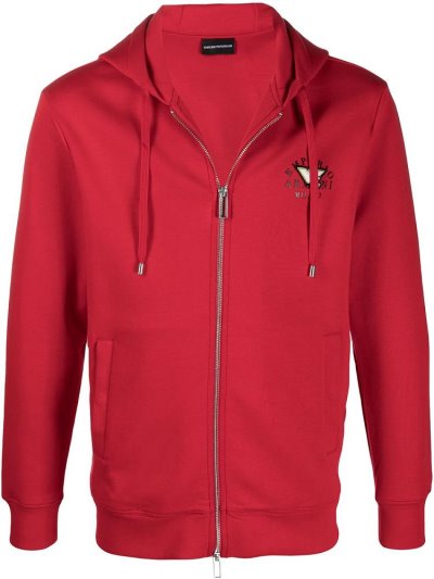 Red Armani Emporio Logo Zipped Drawstring Men's Hoodie | UAE18893
