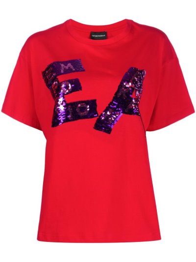 Red Armani Emporio Sequined Logo Women's T Shirts | UAE64470