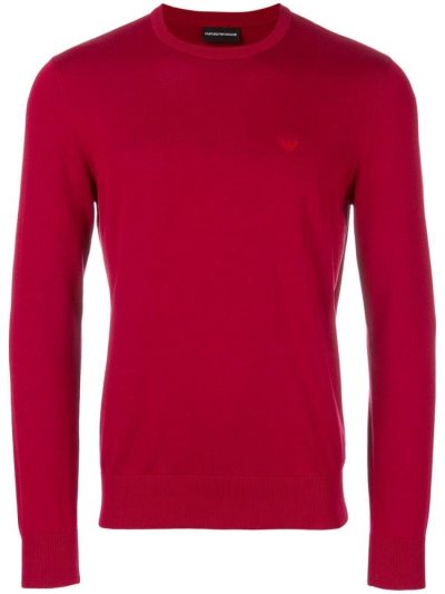 Red Armani Emporio Slim Fit Logo Men's Sweaters | UAE11947