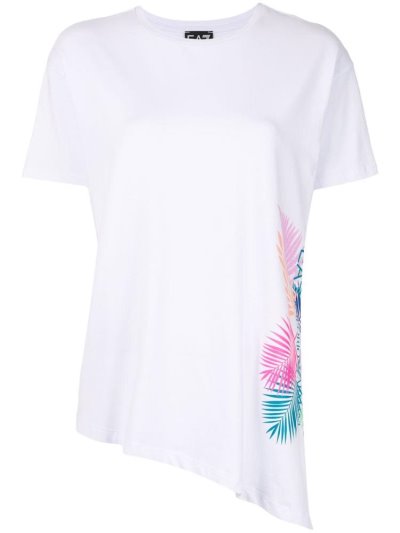 White Ea7 Emporio Armani Asymmetric Graphic Print Women's T Shirts | UAE20910