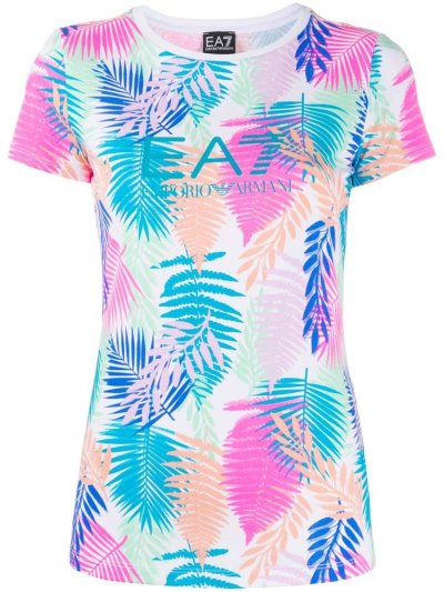 White Ea7 Emporio Armani Short Sleeve Palm Print Women's T Shirts | UAE16215