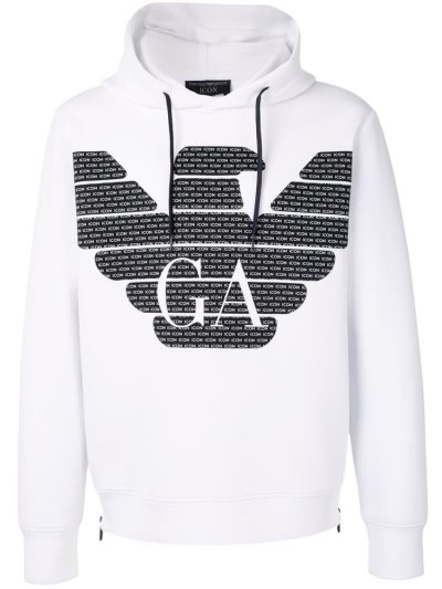 White Armani Emporio Eagle Print Men's Hoodie | UAE85580