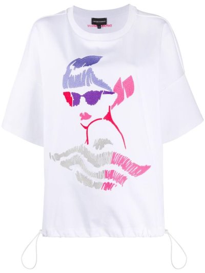 White Armani Emporio Embroidered Logo Drawstring Women's T Shirts | UAE60569
