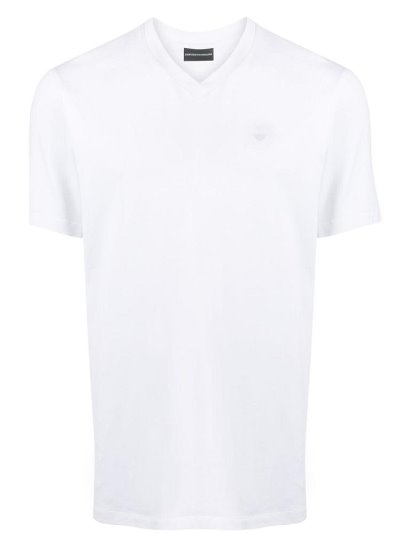 White Armani Emporio Logo Detail V Neck Men's T Shirts | UAE51019