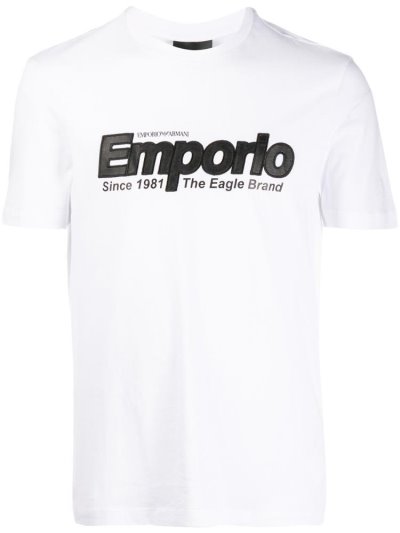 White Armani Emporio Logo Embroidered Men's T Shirts | UAE20664
