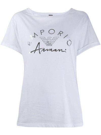 White Armani Emporio Logo Print Crew Neck Women's T Shirts | UAE38080