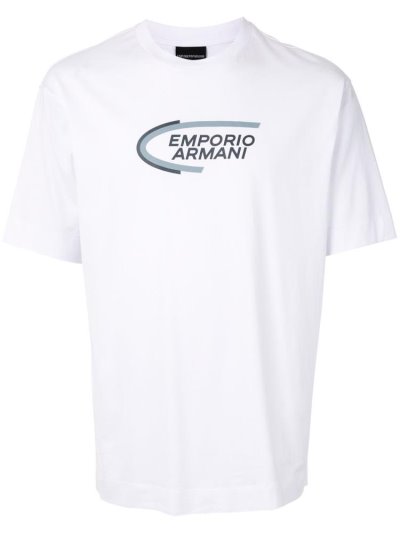 White Armani Emporio Logo Print Men's T Shirts | UAE48079