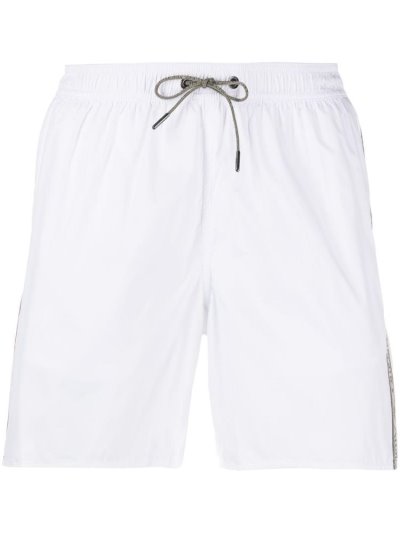 White Armani Emporio Logo Stripe Men's Swim Shorts | UAE52231