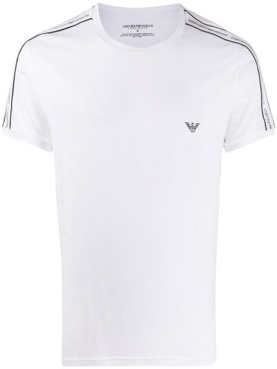 White Armani Emporio Logo Tape Short Sleeve Men's T Shirts | UAE73073