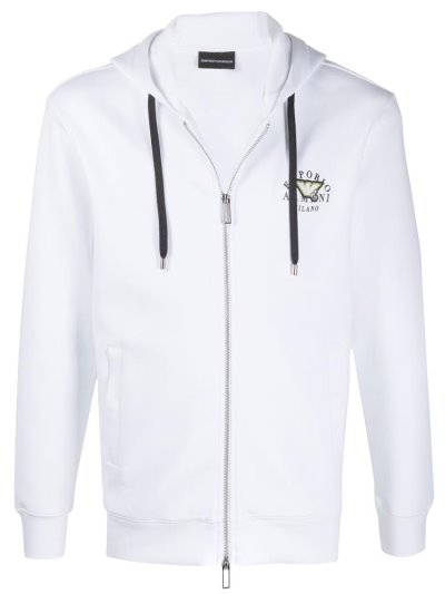 White Armani Emporio Logo Zipped Drawstring Men's Hoodie | UAE93098