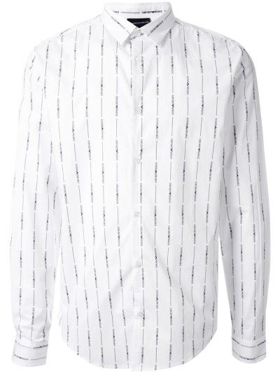 White Armani Emporio Long Sleeve Logo Striped Men's Shirts | UAE76553