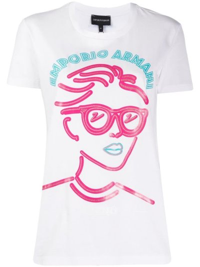 White Armani Emporio Portrait Print Women's T Shirts | UAE64667