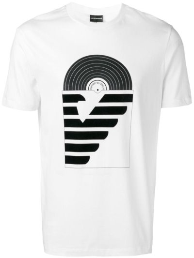White Armani Emporio Record Logo Print Men's T Shirts | UAE14772