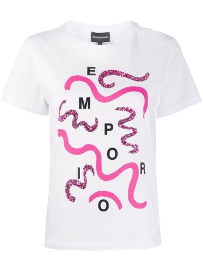 White Armani Emporio Sequin Embellished Logo Women's T Shirts | UAE09212