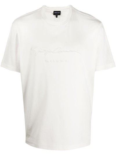 White Giorgio Armani Textured Logo Men's T Shirts | UAE27625