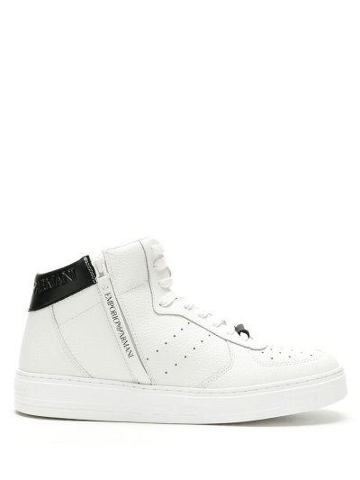 White / Black Armani Emporio High Top Leather Men's Sneakers | UAE56225