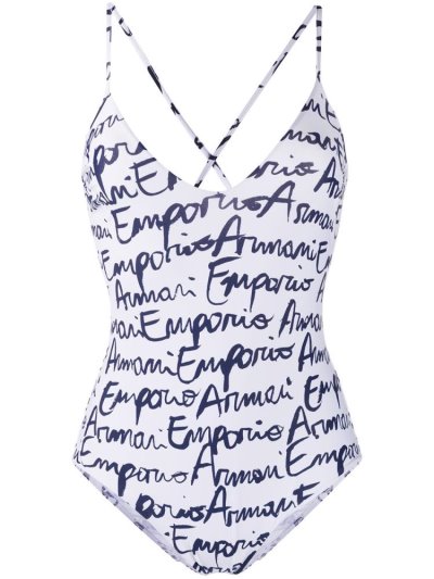 White / Blue Armani Emporio Logo Print Crisscross Back Women's Swimsuits | UAE21049