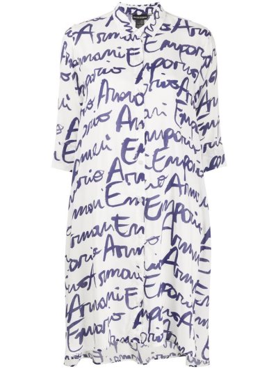 White / Blue Armani Emporio Signature Logo Print Longline Women's Shirts | UAE63283
