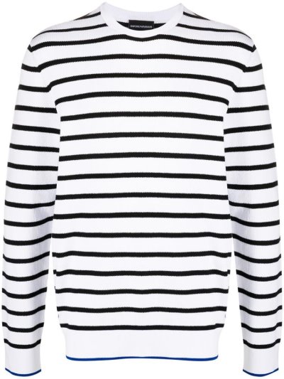 White / Blue Armani Emporio Striped Long Sleeve Men's Jumpers | UAE26140