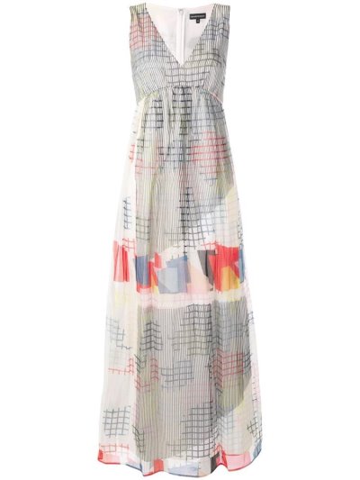 White / Blue Armani Emporio V Neck Geometric Print Women's Dress | UAE02053